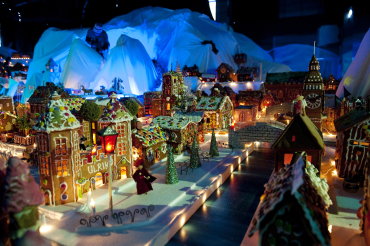 A gingerbread town, consisting of buildings, boats, bridges and other structures, is seen in Bergen, Norway.