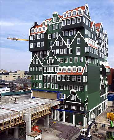 A hotel made to look like 70 Zaanse houses stacked together in the centre of Zaandam, north of Amsterdam.