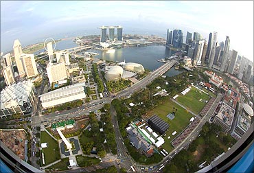 An aerial view of Marina Bay and Singapore's central business district.
