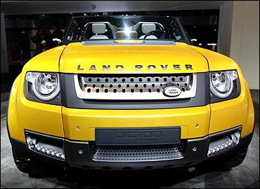 A concept version of Land Rover's defender is seen at the Jaguar-Land Rover exhibition booth.