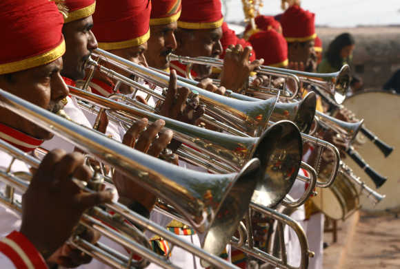 A band plays music for the guests at the Meharangarh Fort in Jodhpur, Rajasthan.