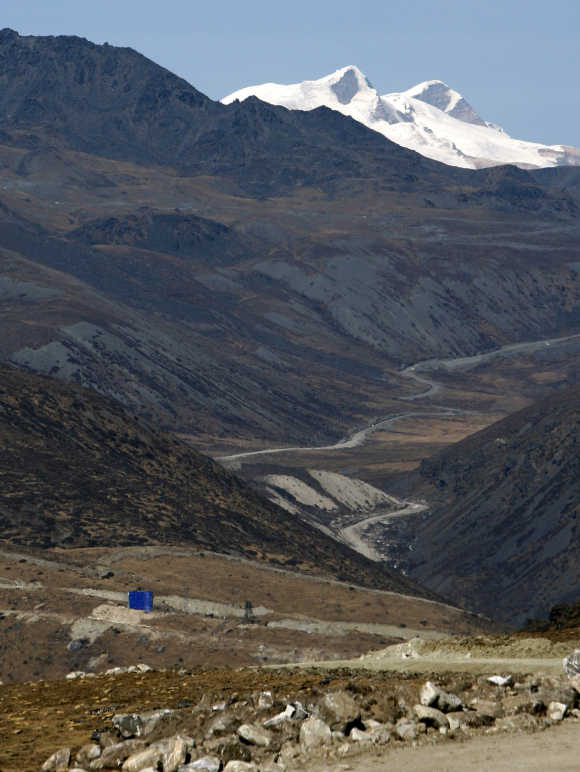 A view of the last Chinese army post is seen from the Indian side at the Indo-China border in Bumla in Arunachal Pradesh.