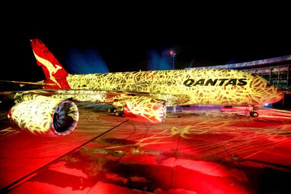 A380 aircraft during the light show in Toulouse, France, prior its take-off to Sydney.