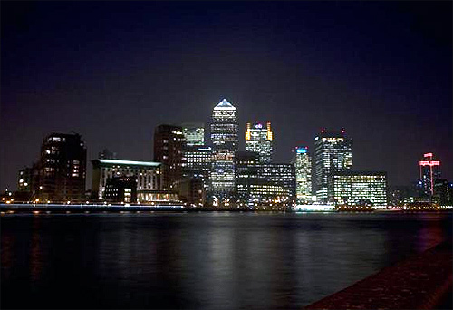 A view of Canary Wharf on the River Thames in London.