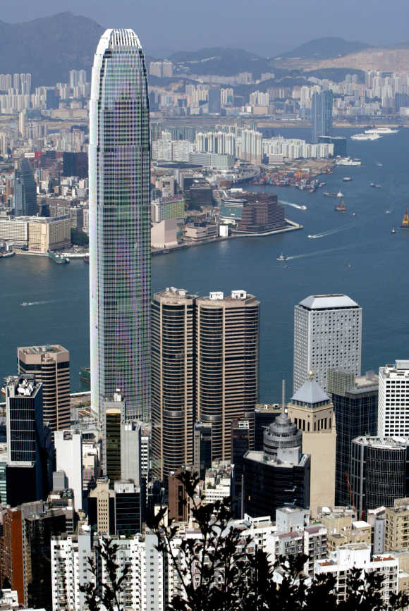The 88-storey high Two IFC, the highest building in Hong Kong, stands on the waterfront facing the territory's Victoria Harbour.