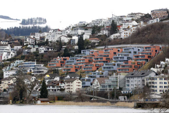 A view of the Wollerau village on the edge of Lake Zurich in the canton of Schwyz.