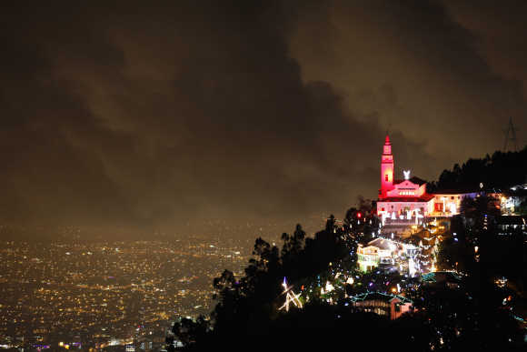 General view of illuminated Christmas decorations at Monserrate church in Bogota.