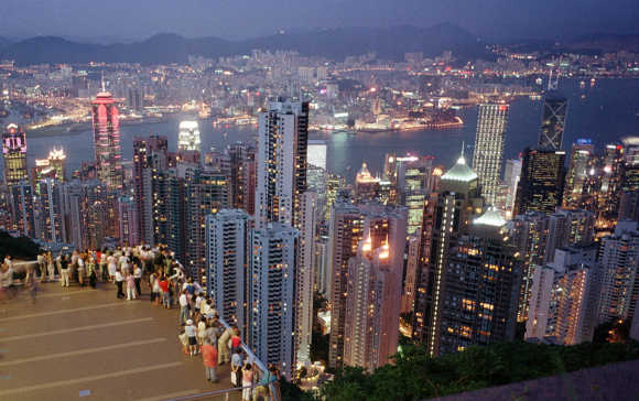 A cityscape of Hong Kong is see from the Peak, moments after sunset.