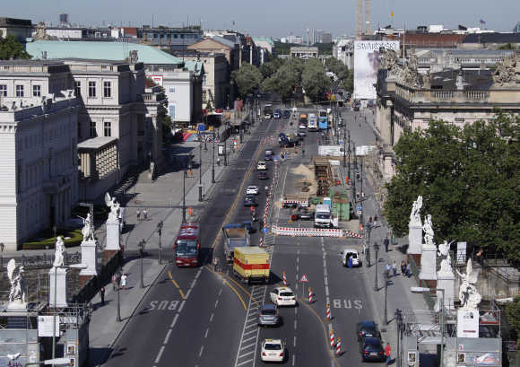A view shows Unter den Linden avenue as seen from balcony of the Humboldt Box temporary exhibition venue in Berlin.