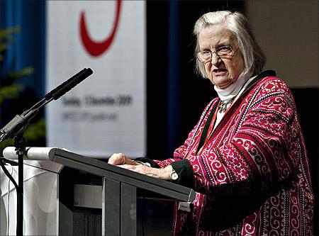 Nobel laureate in Economic Sciences Professor Elinor Ostrom speaks at Forest Day 3 in the Falconer Convention Center in Copenhagen.