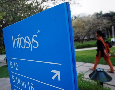 An employees walks past a signage board in the Infosys campus at the Electronics City IT district in Bengaluru.