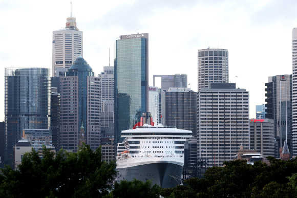 The Queen Mary 2 berths at Circular Quay in Sydney, Australia.