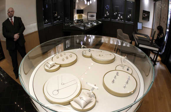 A view of jewellery and watches displayed in glass cabinets at a shop of Swiss luxury brand Piaget at the Bahnhofstrasse in Zurich.