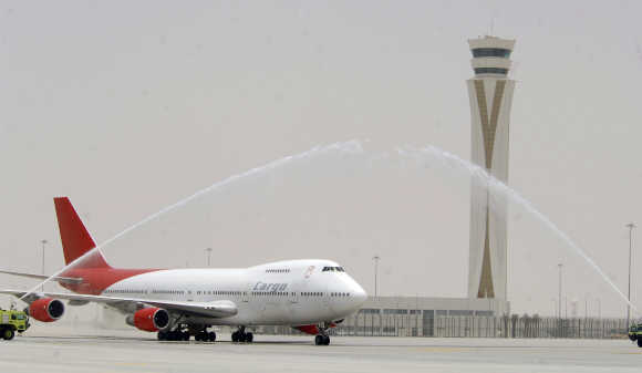 A welcome ceremony for a cargo plane at Dubai World Central-Al Maktoum International Airport.