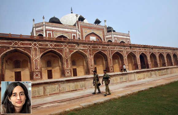 Rema Hanna, inset. Security personnel keep watch inside the lawns of Humayun's Tomb in New Delhi.