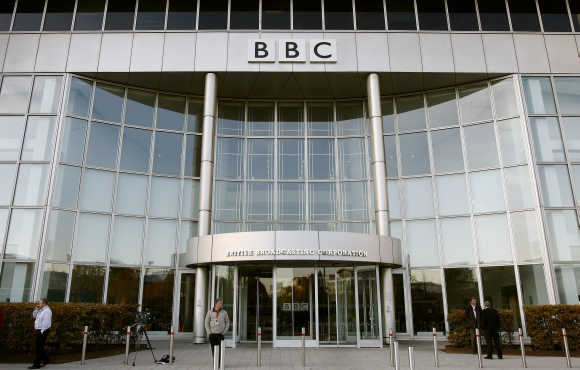 A BBC building is seen in White City in western London.