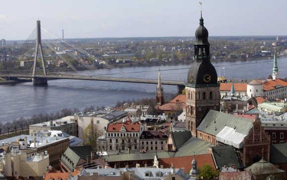 A view of the Doma church and the Riga suspension bridge in Riga, Latvia.