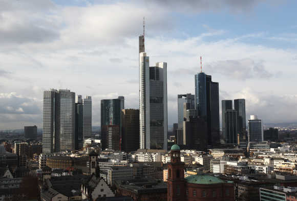 A view of the Frankfurt skyline with its banking towers.