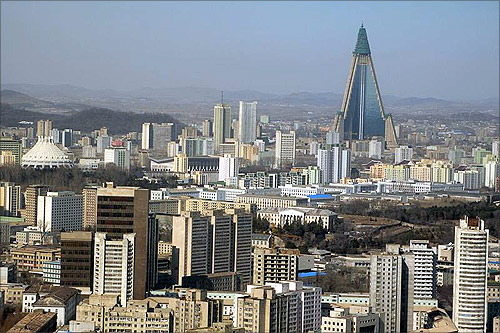 Buildings in Pyongyang, including the Ryugyong Hotel pyramid.