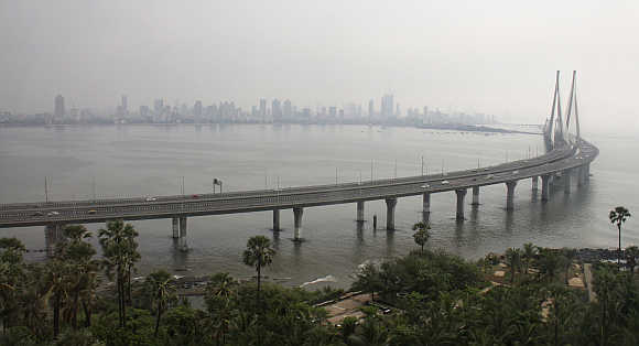 A view shows the Bandra-Worli sea link bridge, also called the Rajiv Gandhi Sethu, in Mumbai.