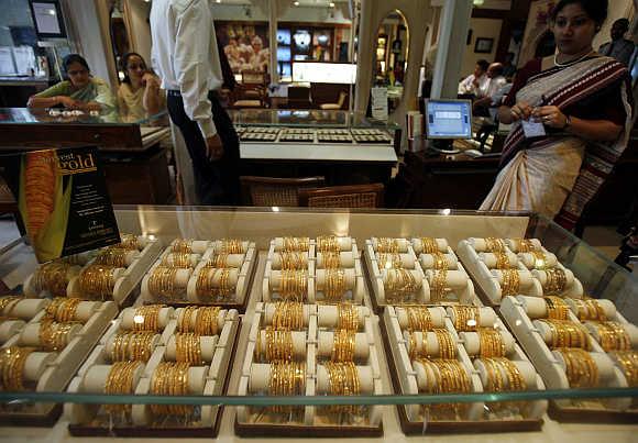 Gold jewellery is on display in Kolkata.