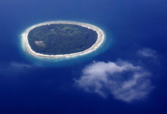 An aerial view shows an island in the Maldives