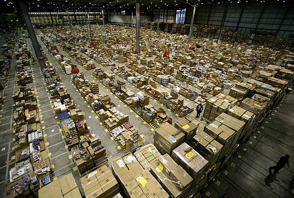 Workers in the Amazon warehouse in Milton Keynes, north of London.