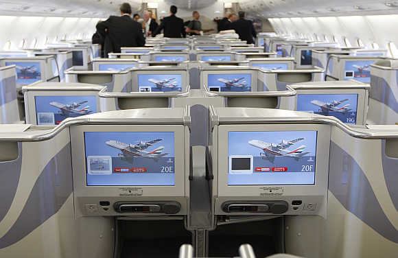 Business-Class seats inside Emirates Airbus A380 after the jet arrived in New York.