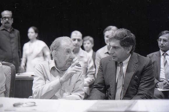 JRD Tata seen with Ratan Tata after handing over the reins.