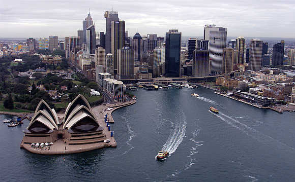 An aerial view of Sydney's Opera House and Circular Quay in the city's central business district.