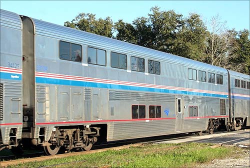 Train lounge car converted from Superliner.