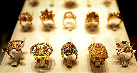 Gold rings are displayed at a jewelry shop in Baghdad, Iraq.