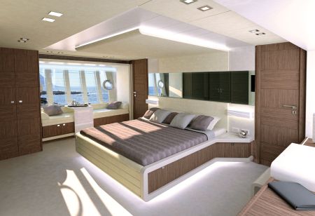 The lower deck finds room for three double cabins, one twin cabin, the engine room, crew quarters and the tender garage.