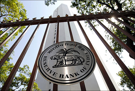 The Reserve Bank of India (RBI) logo is pictured outside its head office in Mumbai.