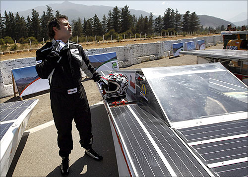 A racer prepares to participate in a promotional launch of the Atacama Solar Race 2012 in Santiago.