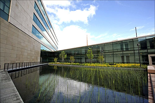 A view shows a reflecting pond along the north office building in the newly opened $500 million Bill and Melinda Gates Foundation campus in Seattle.