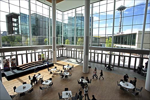 A view shows the atrium in the newly opened Bill and Melinda Gates Foundation campus in Seattle, Washington.