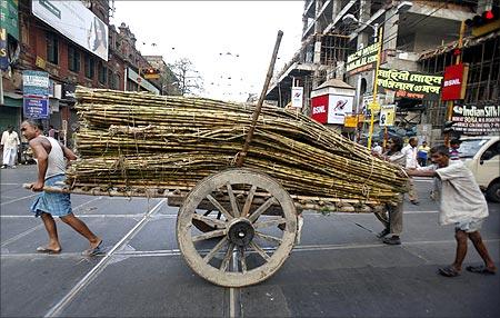 Labourers transport sugarcane on a hand-cart outside a wholesale market in Kolkata.Labourers transport sugarcane on a hand-cart outside a wholesale market in Kolkata.