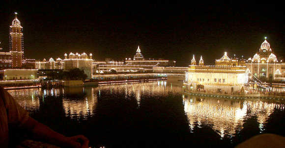 Lights illuminate the Golden Temple complex in Amritsar in Punjab.