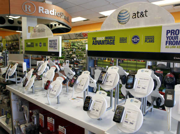 AT&T mobile phones at a RadioShack electronics store in Los Angeles.