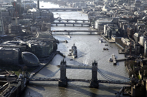 An aerial view shows Tower Bridge in London