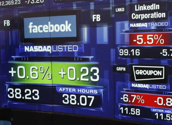 Monitors show value of Faceboo stock before closing bell at Nasdaq Marketsite in New York.