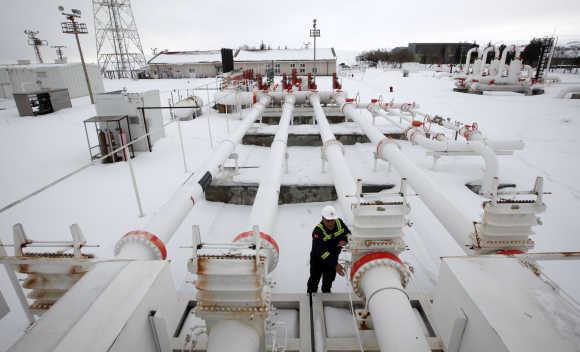 A worker checks the valve gears in a natural gas control centre of Turkey's Petroleum and Pipeline Corporation.