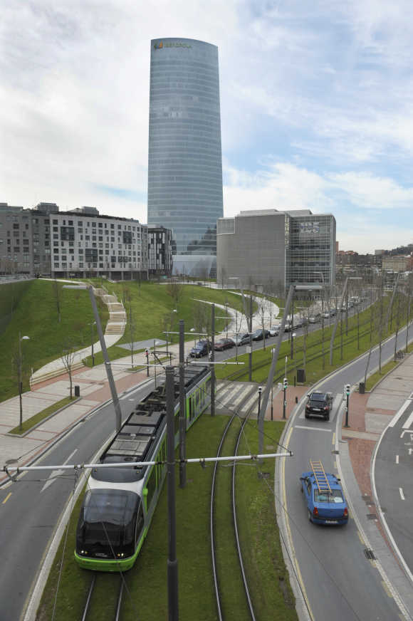 The Torre Iberdrola is seen from the Guggenheim Museum in Bilbao. The 541 feet glass-clad skyscraper is Bilbao's tallest building.