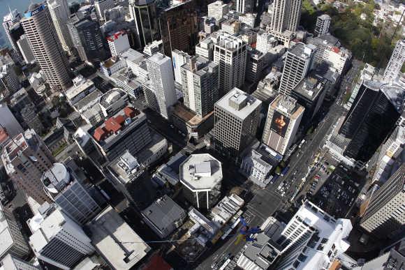 Brad Smith performs a skyjump atop the Sky Tower in Auckland.