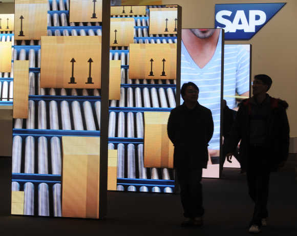 A booth of German company SAP during preparations at the CeBit computer fair in Hanover.