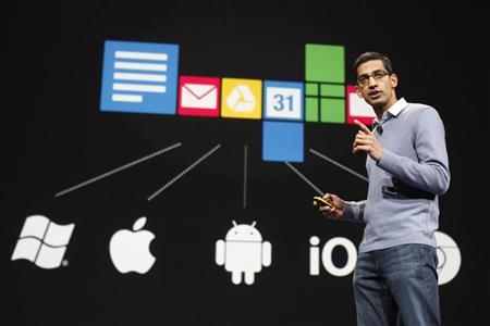 Sundar Pichai, senior vice president of Google Chrome, speaks during Google I/O Conference at Moscone Center in San Francisco.