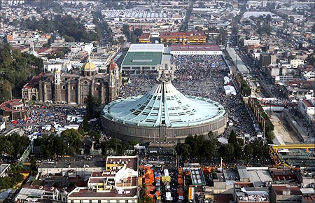 An aerial view of the Basilica of the Virgin of Guadalupe in Mexico city.