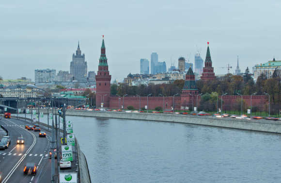 A view of Moscow's Kremlin, Ministry of Foreign affairs and Moscow City business district.