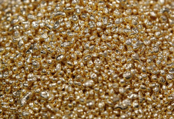 Gold granules are pictured at the Austrian Gold and Silver Separating Plant 'Oegussa' in Vienna.